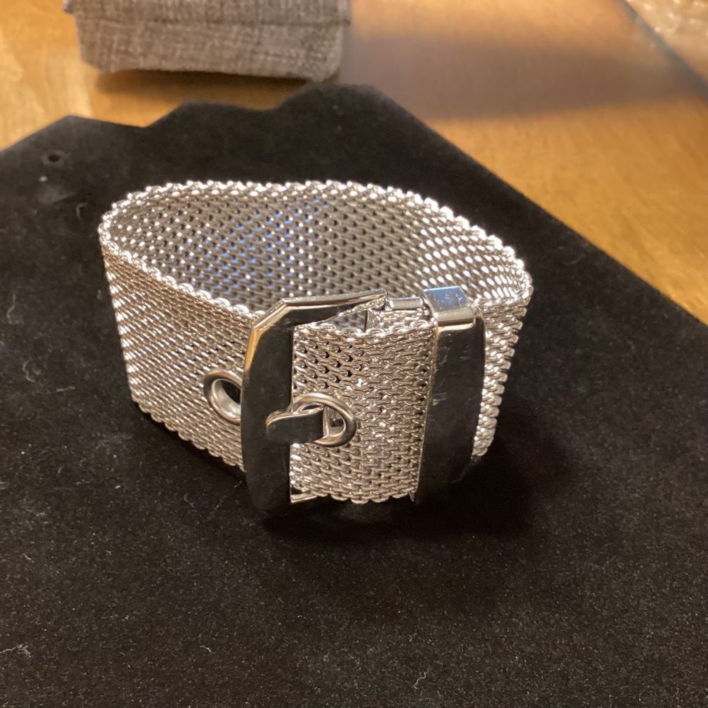 Wide Shiny Silvertone Mesh Buckle Bracelet - Picture 6 of 6